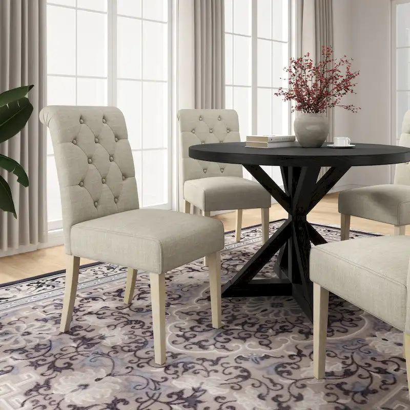 5 Piece Dining Table Set, Wooden Kitchen Furniture Set, Round Table with Cross-Buck Pedestal Base and 4 Tufted Chairs 3