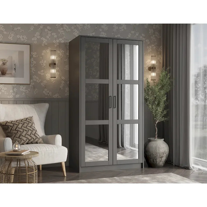 Palace Imports 100% Solid Wood 2-Door Urban Wardrobe Armoire with Solid and Mirrored Doors 24