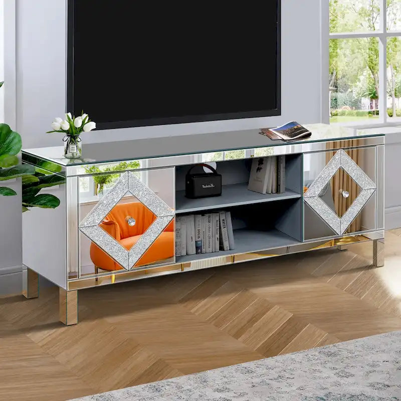 59 TV Stand with Diamond-Shaped Mirror Doors and Storage for TVs Up to 65 3