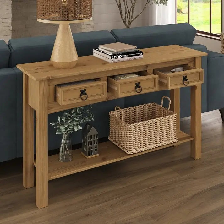 Rustic Solid Pine Console Hall Table, White Wash / Antique Brown / Gray Wash / Unpainted, 3 Drawers 12