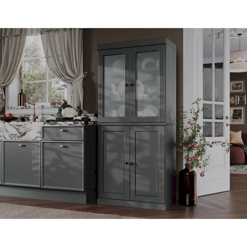 100% Solid Wood Pantry Cabinet with Frosted Glass Doors, Solid Doors, 2-Drawers and Adjustable Shelves 26