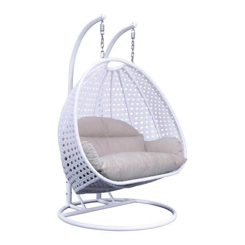 LeisureMod 2 Person Hanging Egg Chair with Stand - Outdoor/Indoor Rattan Wicker Patio Swing Hammock Lounger with Cushions 36