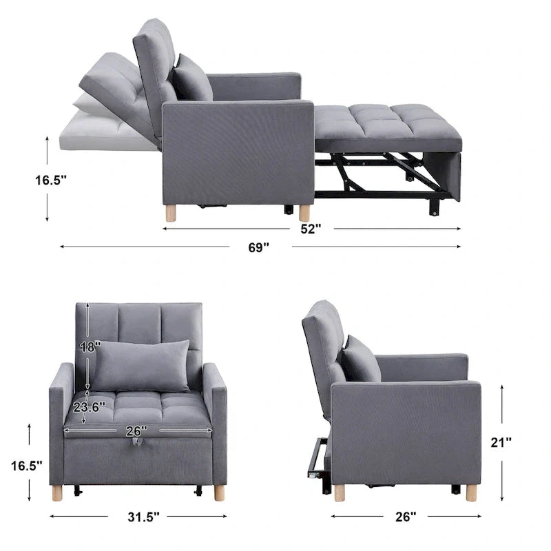 3-in-1 Convertible Sleeper Sofa Lounge Chair Bed, Black 20