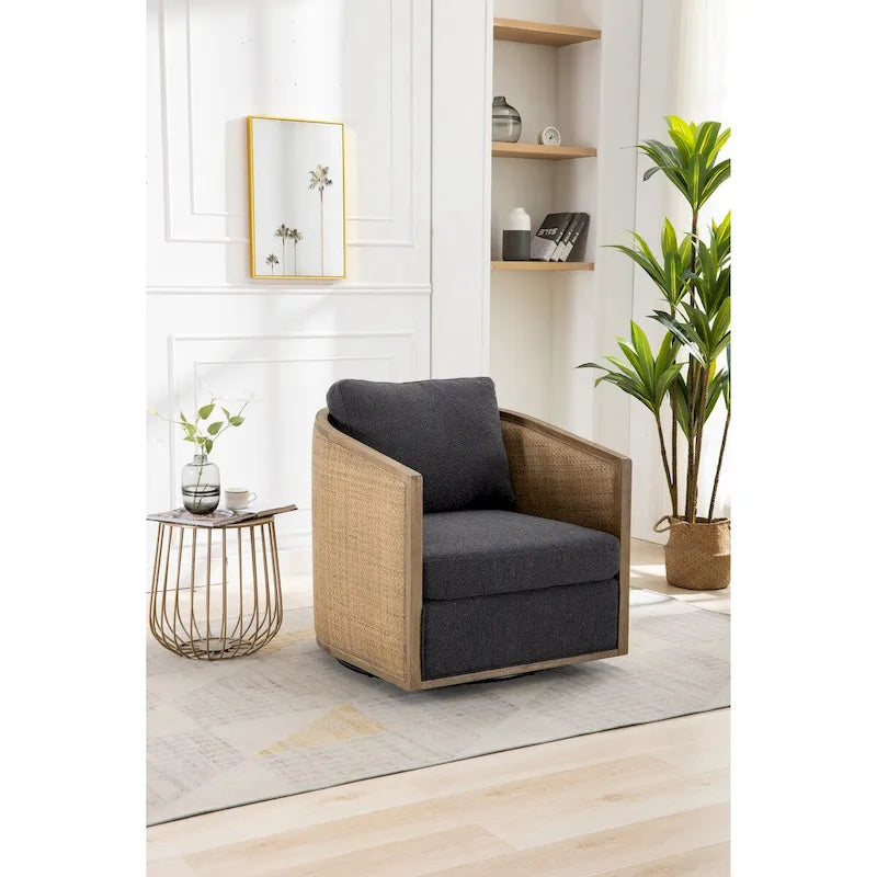 Poltrona a botte girevole, comoda poltrona rotonda d'accento, poltrona club a botte girevole a 360 gradi, poltrona relax con struttura in rattan intrecciato 4