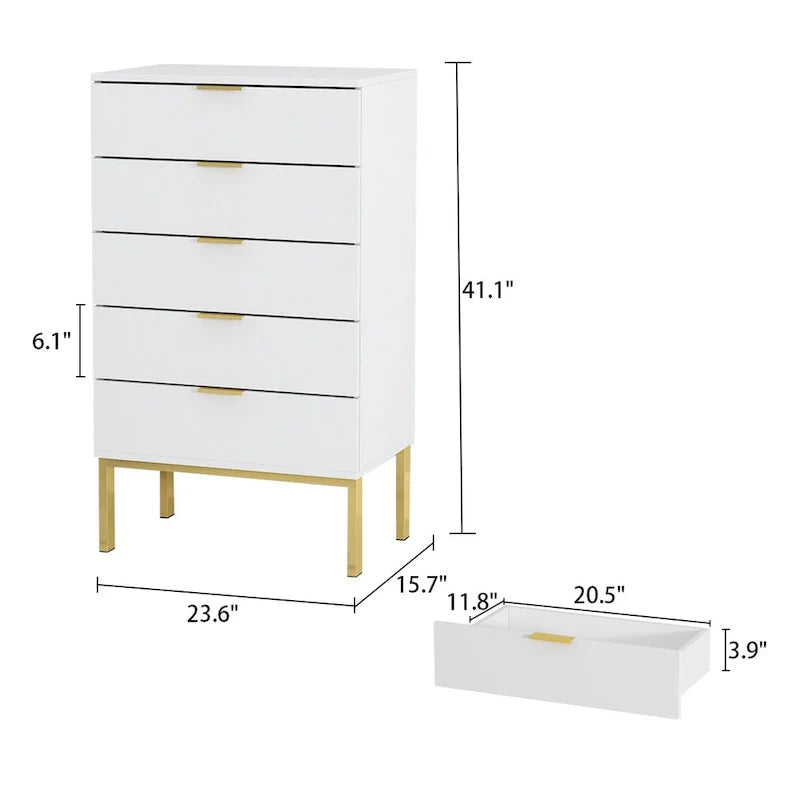 5 Drawer Dresser Chest End Table Storage Cabinet 23.6 W White/Back 13