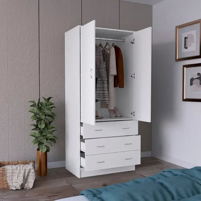 19  Modern Double-door Armoire with 3 Drawers and 1 Hanging Rod for Bedroom 12