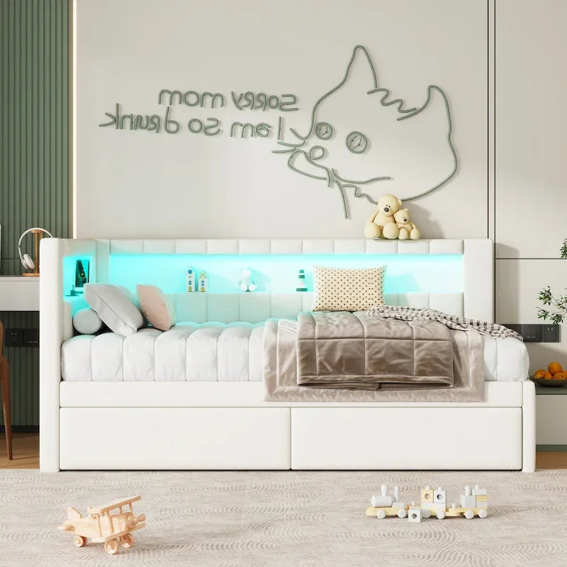 Upholstered Platform Bed with USB Ports & LED Lighting - Full/Twin Size Bed Frame with 2 Storage Drawers - Modern Bedroom 6