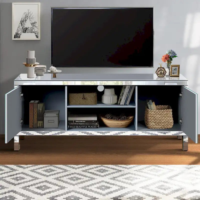 59 TV Stand with Diamond-Shaped Mirror Doors and Storage for TVs Up to 65 7