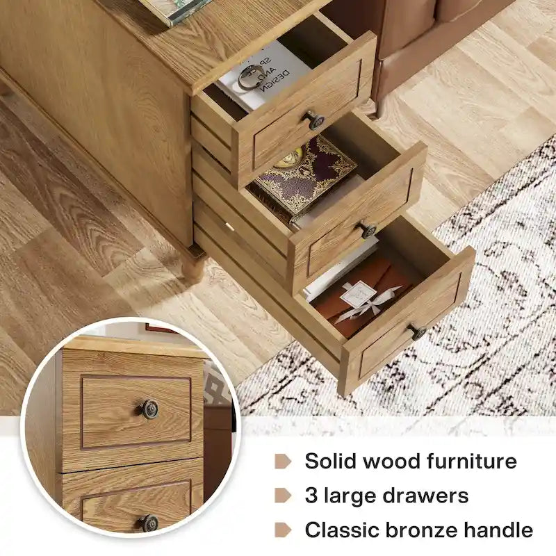 Tavolino stretto completamente assemblato, tavolino in legno massello con 3 cassetti, comodino sottile vintage per piccoli spazi 5