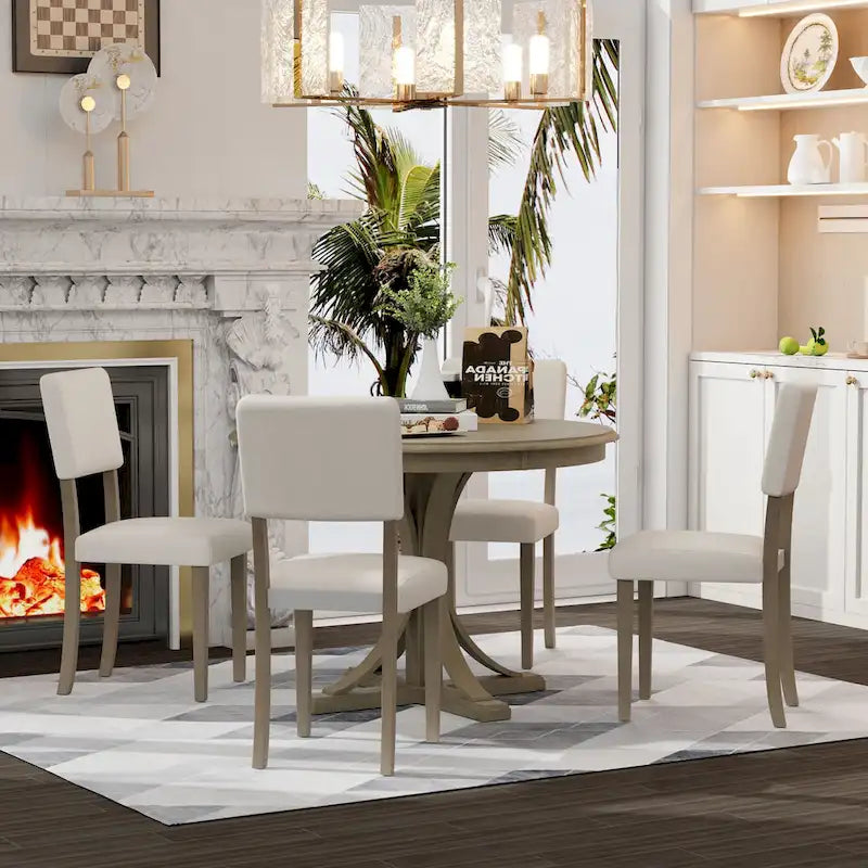 Taupe Retro 5-Piece Wooden Dining Table Set with Curved Trestle Table & 4 Chairs 3