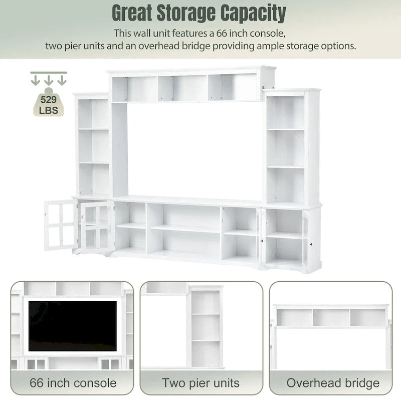 Entertainment Wall Unit with Bridge, Tempered Glass Doors for TVs Up to 70 7