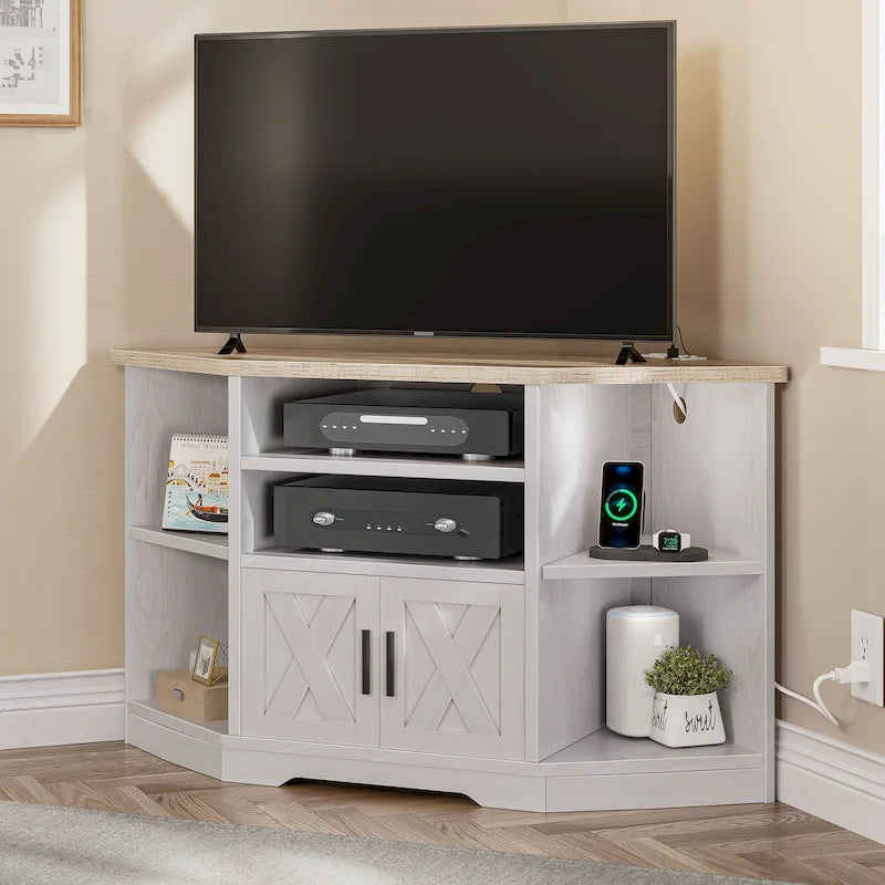 Farmhouse Corner TV Stand Entertainment Center Media Console for TVs up to 55 with Power Outlet 6