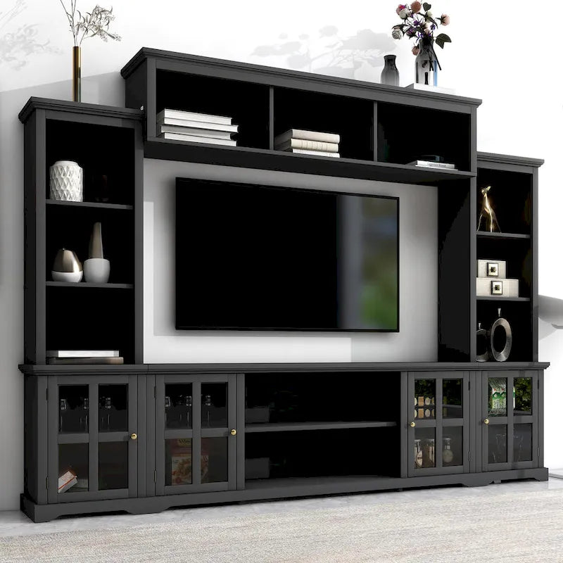 Entertainment Wall Unit with Bridge, Tempered Glass Doors for TVs Up to 70 23