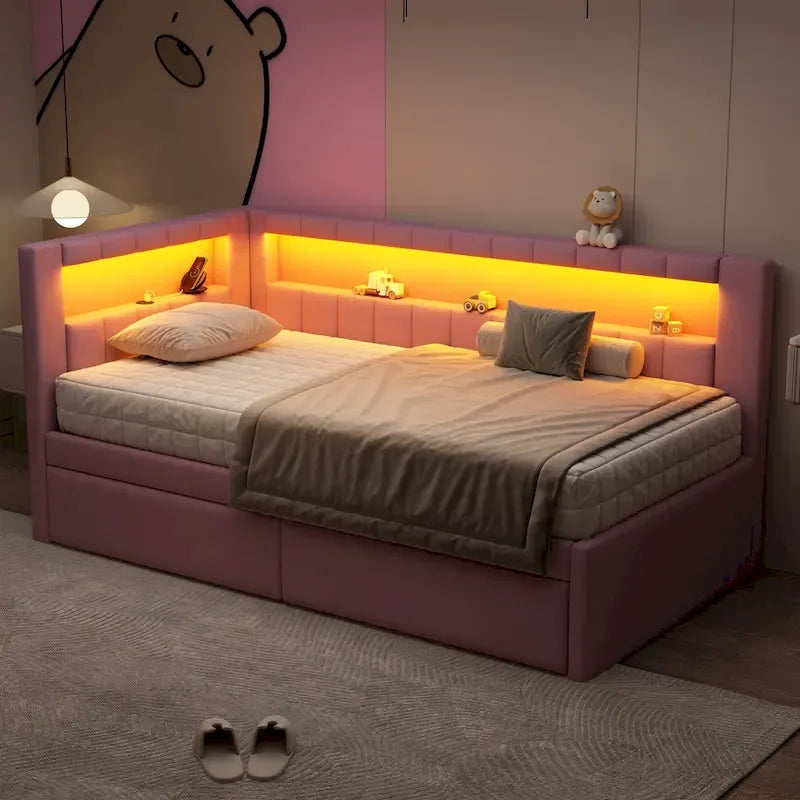 Upholstered Platform Bed with USB Ports & LED Lighting - Full/Twin Size Bed Frame with 2 Storage Drawers - Modern Bedroom 17