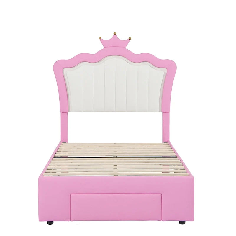 Twin Size Upholstered Bed Frame with LED Lights, Modern Upholstered Princess Bed with Crown Headboard, a Drawer, Pink+White 4