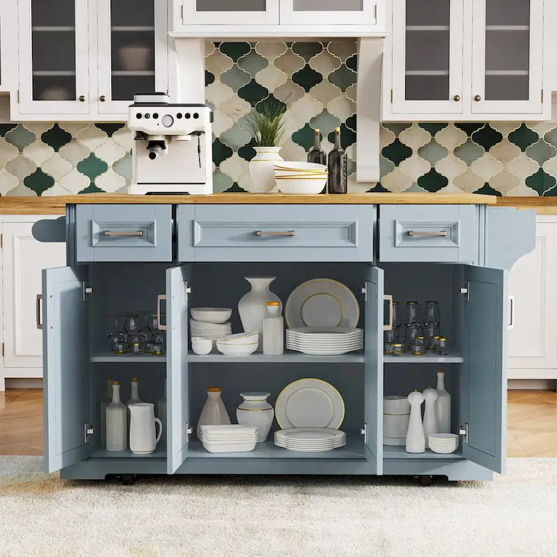 54  Large Kitchen Island with Rubber Wood Drop Leaf, Embossed Texture Rolling Kitchen Cart on 4 Wheels with 4 Doors & 3 Drawers 26