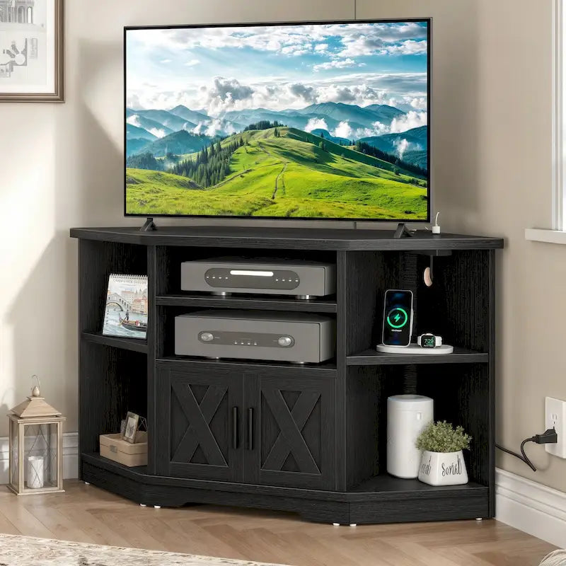 Farmhouse Corner TV Stand Entertainment Center Media Console for TVs up to 55 with Power Outlet 16