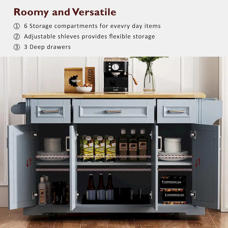 54  Large Kitchen Island with Rubber Wood Drop Leaf, Embossed Texture Rolling Kitchen Cart on 4 Wheels with 4 Doors & 3 Drawers 30