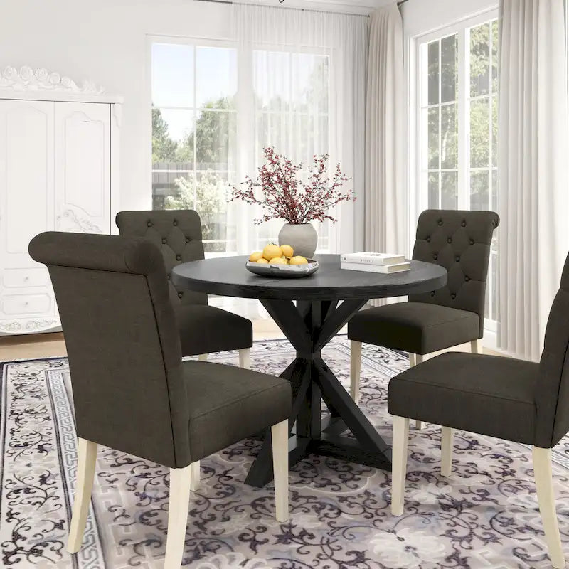 5 Piece Dining Table Set, Wooden Kitchen Furniture Set, Round Table with Cross-Buck Pedestal Base and 4 Tufted Chairs 33