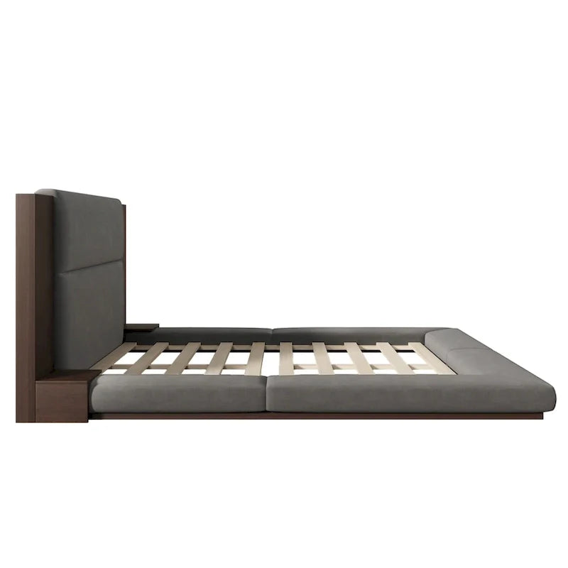 King Gray Floor Upholstered Bed Low Profile Platform Bed w/ Extended Wood Headboard, Built-in Nightstand Shelves 4
