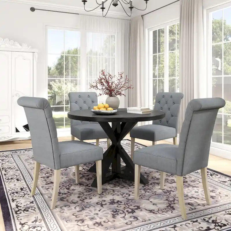 5 Piece Dining Table Set, Wooden Kitchen Furniture Set, Round Table with Cross-Buck Pedestal Base and 4 Tufted Chairs 18