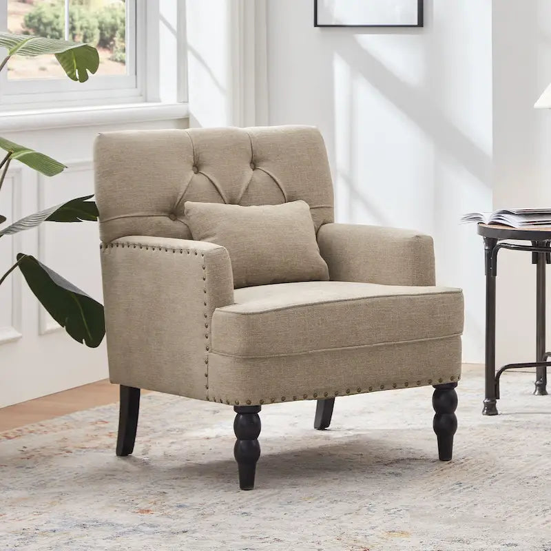 Set of 2 Arm Chair Upholstered Button Tufted Accent Chair with Lumbar Pillow Beige/ Grey/ Light Blue 34