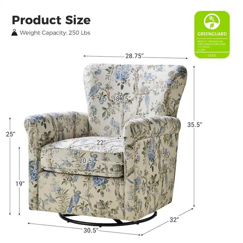 Georg Comfortable Floral Fabric Swivel Rocker Chair with Rolled Armrest by HULALA HOME 19