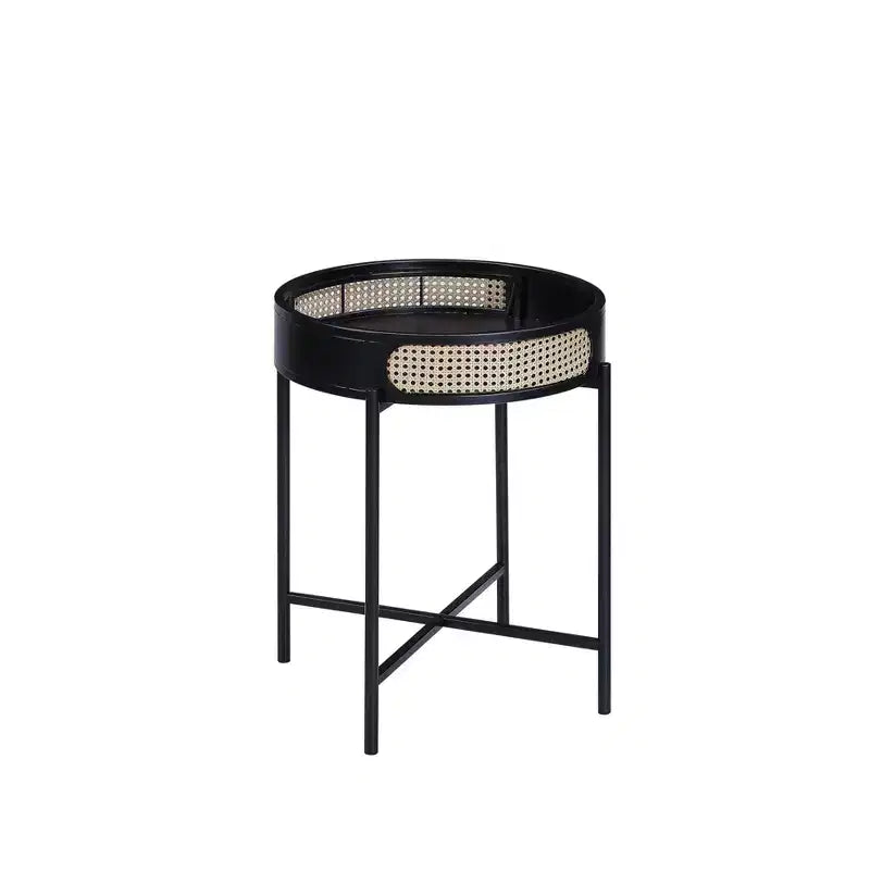 22" Colson Accent Table Black Finish - Acme Furniture: Rattan Detail, Metal Frame, Wood Top, No Assembly Required