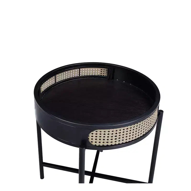 Tavolino d'appoggio Colson da 22" Finitura Nera - Acme Furniture: Dettagli in Rattan, Telaio in Metallo, Piano in Legno, Nessun Montaggio Richiesto