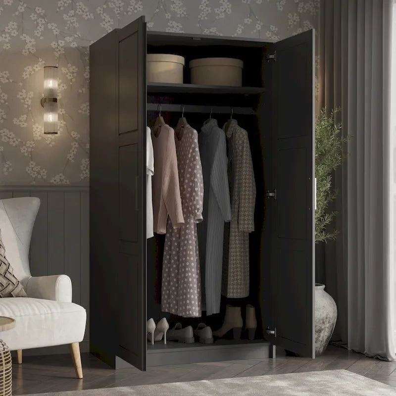 Palace Imports 100% Solid Wood 2-Door Urban Wardrobe Armoire with Solid and Mirrored Doors 27