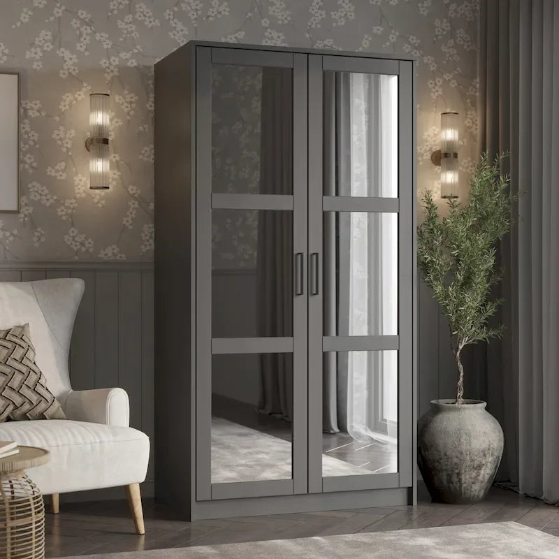 Palace Imports 100% Solid Wood 2-Door Urban Wardrobe Armoire with Solid and Mirrored Doors 22