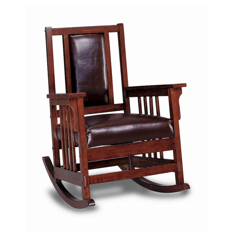 Mission Style Rocking Chair, Leather Upholstered Seat & Back, Tobacco and Dark Brown 2