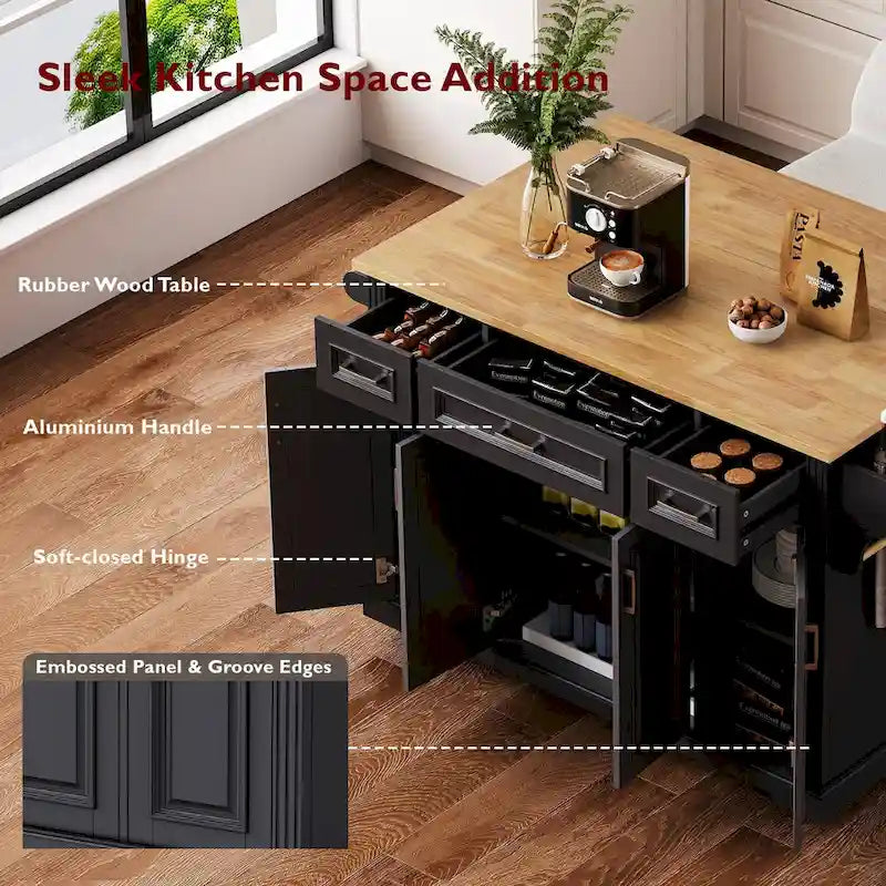54  Large Kitchen Island with Rubber Wood Drop Leaf, Embossed Texture Rolling Kitchen Cart on 4 Wheels with 4 Doors & 3 Drawers 9