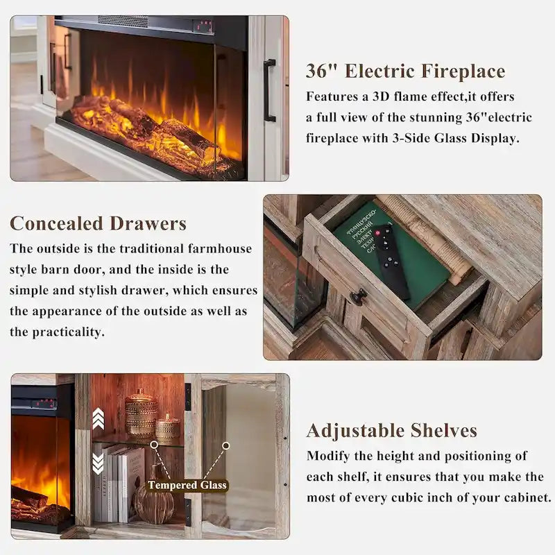Farmhouse Electric Fireplace TV Stands up to 80, Entertainment Center 20