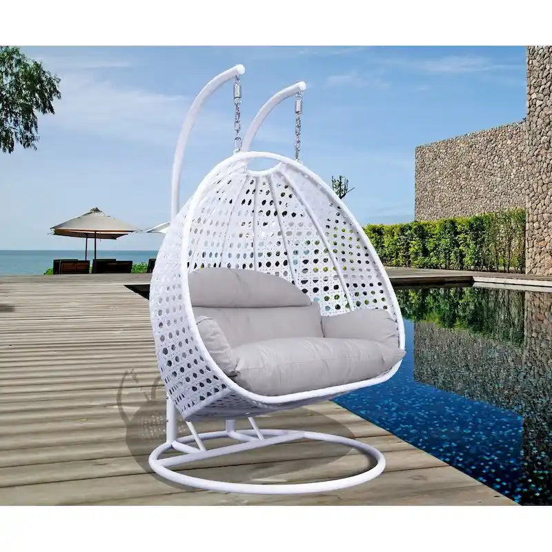 LeisureMod 2 Person Hanging Egg Chair with Stand - Outdoor/Indoor Rattan Wicker Patio Swing Hammock Lounger with Cushions 37