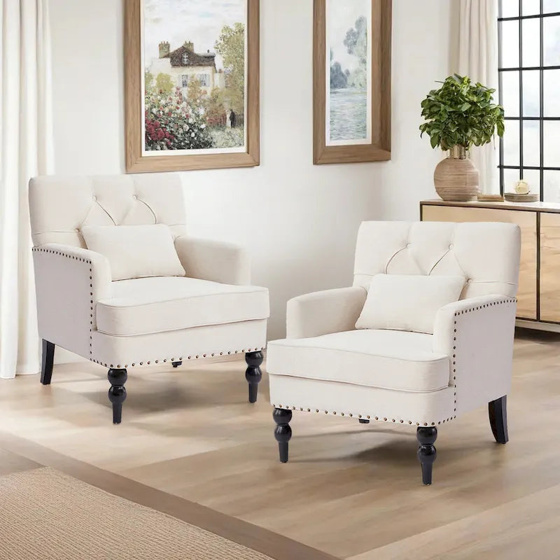 Set of 2 Arm Chair Upholstered Button Tufted Accent Chair with Lumbar Pillow Beige/ Grey/ Light Blue 23