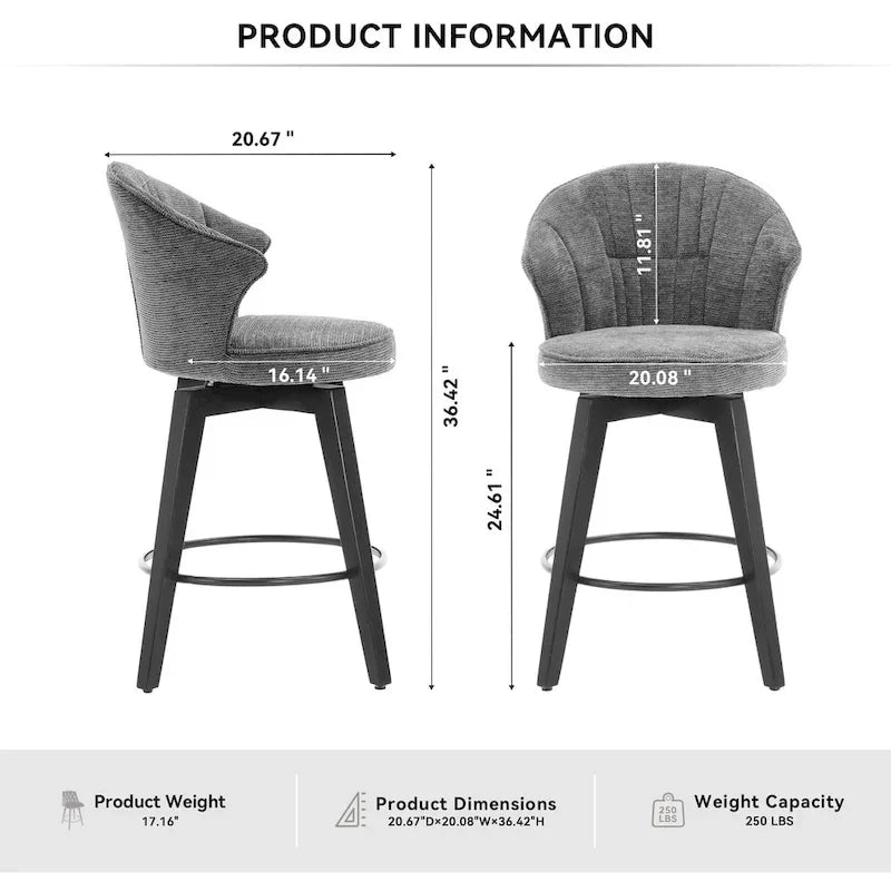 Swivel Bar Stools Set of 2, Upholstered Dining Room Chairs with Wide Backrest, Counter Height Chair with Metal Legs 21