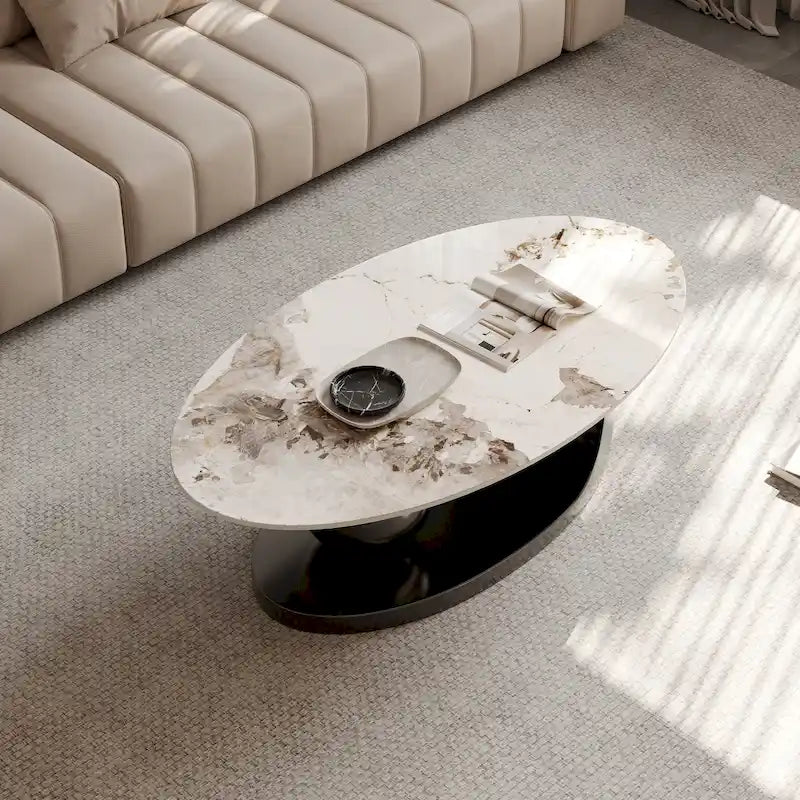 Tavolino da caffè ovale moderno Pandora 51 con piano in pietra sinterizzata lucida, tavolino da caffè di lusso, gambe in acciaio inossidabile per soggiorno 15