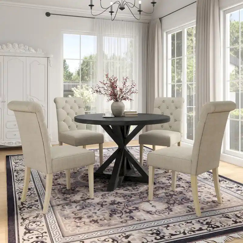 5 Piece Dining Table Set, Wooden Kitchen Furniture Set, Round Table with Cross-Buck Pedestal Base and 4 Tufted Chairs 5