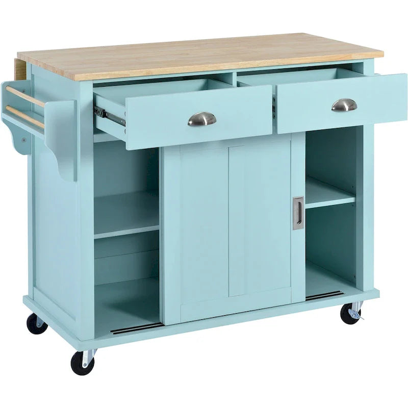 Kitchen Cart with Rubber wood Drop-Leaf Countertop, Concealed sliding barn door adjustable height,Kitchen Island on 4 Wheels 9