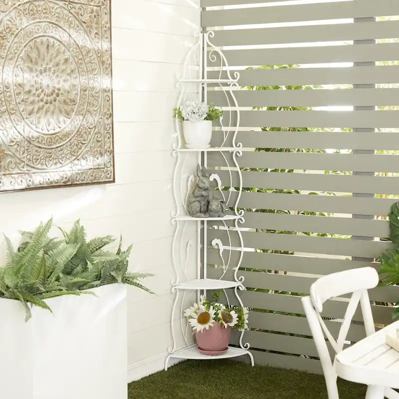 Metal Scroll Indoor Outdoor Tall Folding 5 Shelves Bakers Rack - Gold or White - Roche River Decor 33