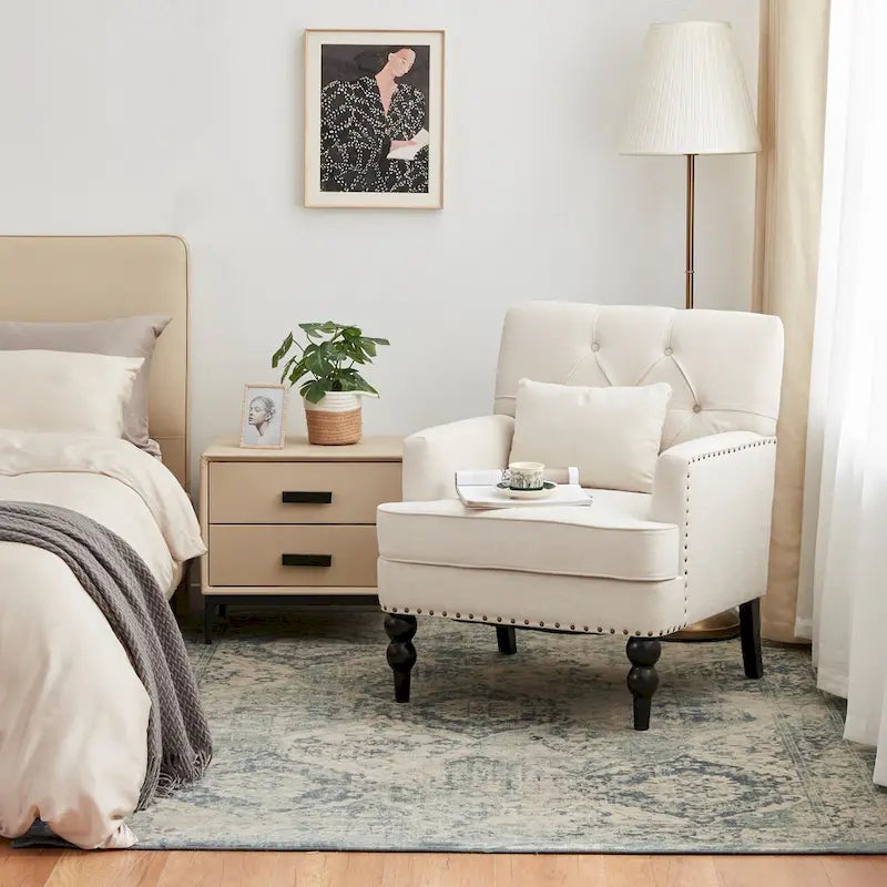 Set of 2 Arm Chair Upholstered Button Tufted Accent Chair with Lumbar Pillow Beige/ Grey/ Light Blue 25