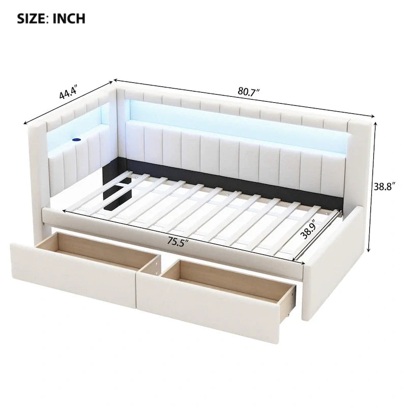 Upholstered Platform Bed with USB Ports & LED Lighting - Full/Twin Size Bed Frame with 2 Storage Drawers - Modern Bedroom 7