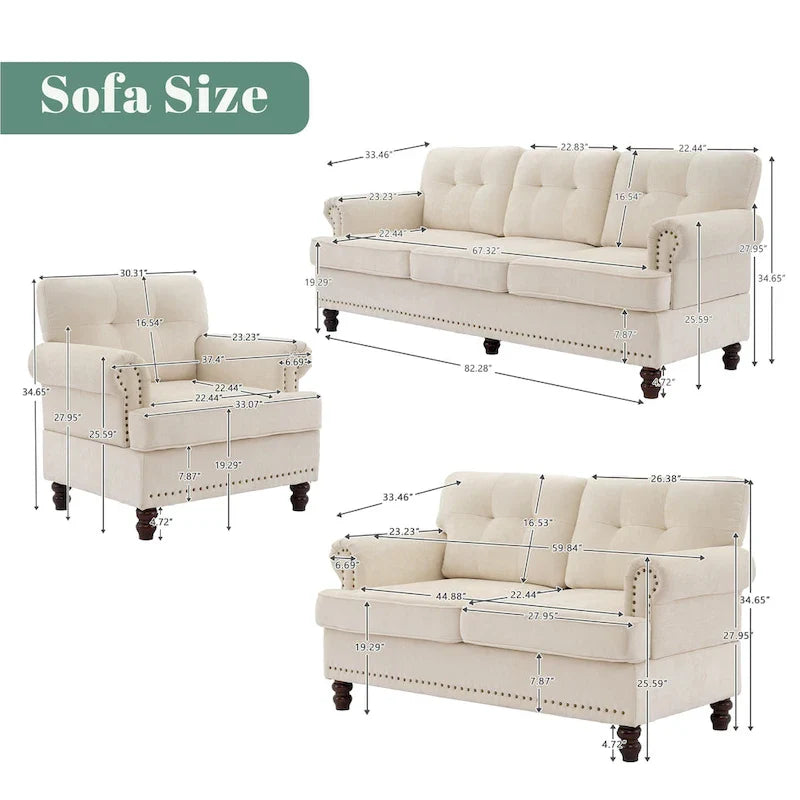 Set of 3 Chenille Sofa Set for Living Room, Button-Tufted & Nailhead Upholstery, Solid Rubberwood Legs 11