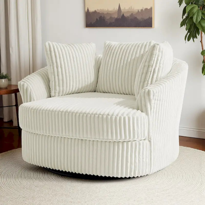 Oversized 43 W Plush Corduroy Recessed Arm Swivel Barrel Chair 10