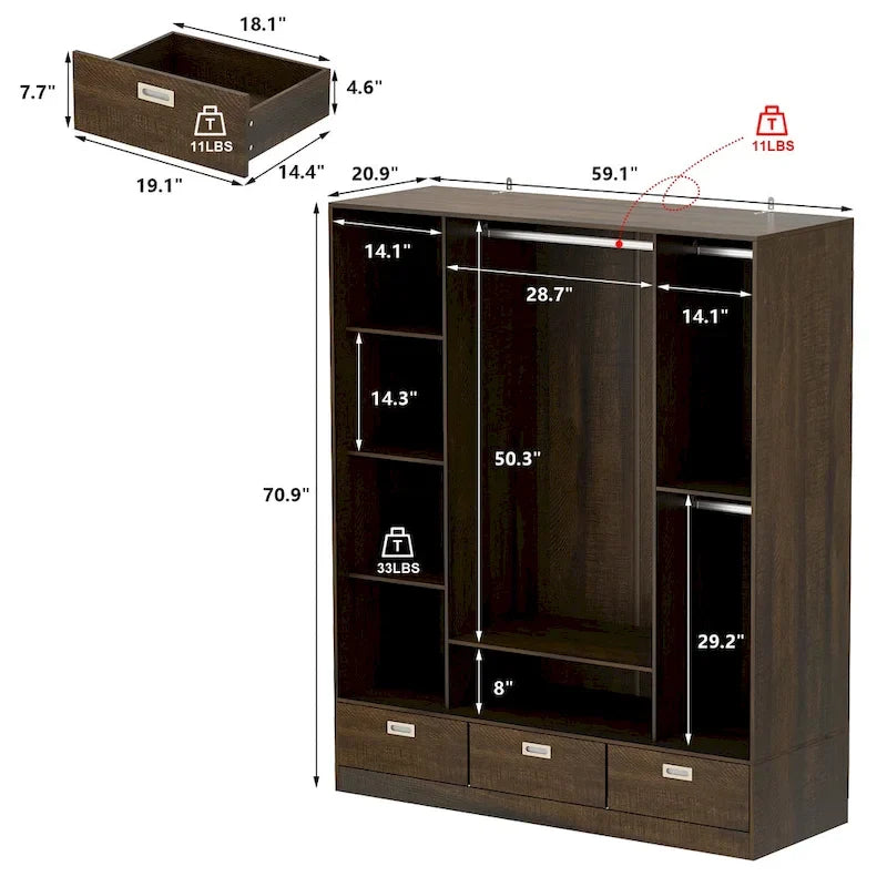 Brown Wardrobe Armoire with Drawers, Hanging Rod 4 Sliding Doors 3