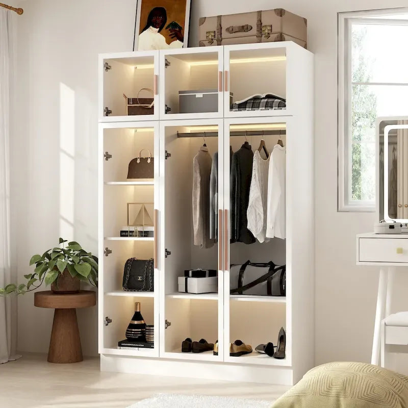 47.2 Wide Armoire LED Light All Glass Door Closet Cabinet Wardrobe 16