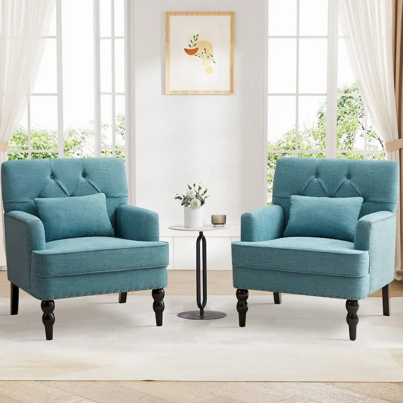 Set of 2 Arm Chair Upholstered Button Tufted Accent Chair with Lumbar Pillow Beige/ Grey/ Light Blue 16