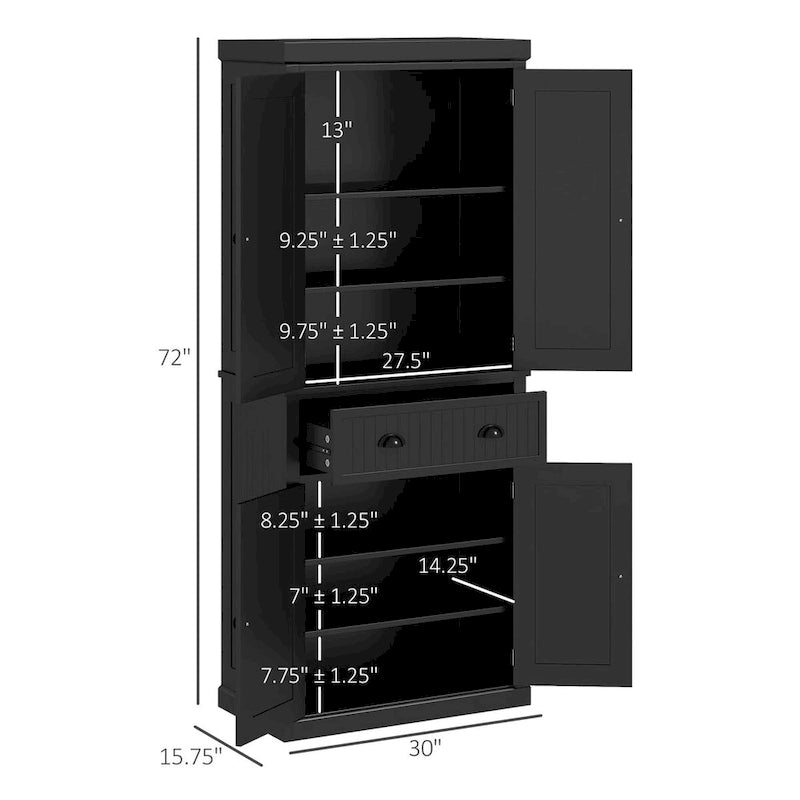 72 Kitchen Pantry Storage Cabinet, Traditional Freestanding Cabinet with 4 Doors and 3 Adjustable Shelves, Large Central Drawer 24