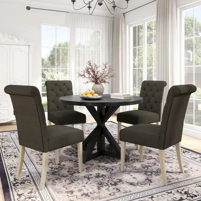 5 Piece Dining Table Set, Wooden Kitchen Furniture Set, Round Table with Cross-Buck Pedestal Base and 4 Tufted Chairs 30